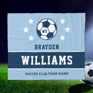Personalised Navy Light Blue Soccer Player Name Fleece Blanket