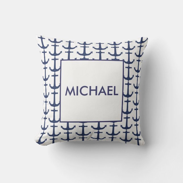 Personalised Navy Nautical Anchor Cushion (Front)