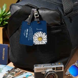 Personalised Navy & Pink Daisy Floral Luggage Tag 