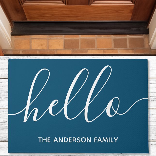 Personalised Navy Script Hello Doormat (Creator Uploaded)