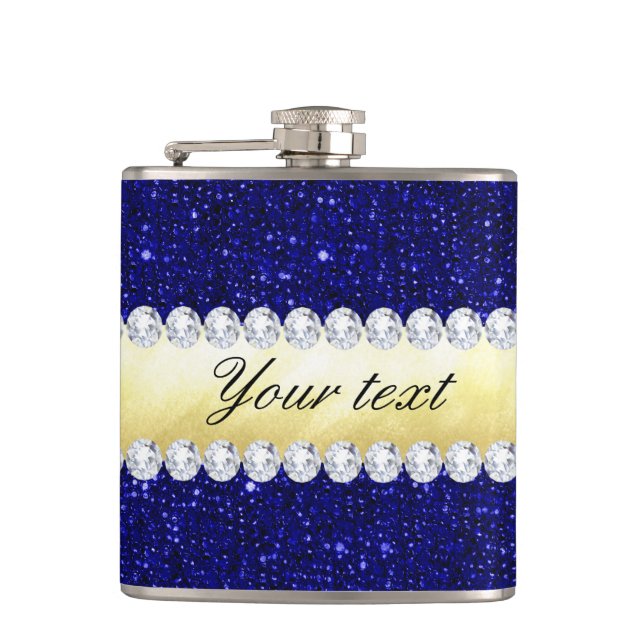 Personalised Navy Sequins, Gold, Diamonds Hip Flask (Front)