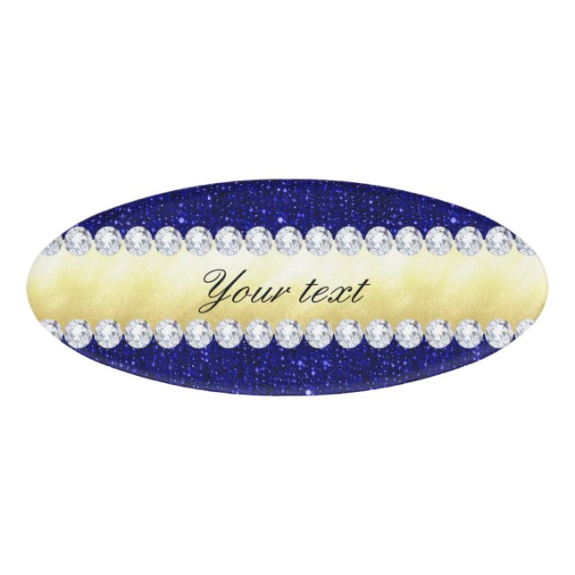 Personalised Navy Sequins, Gold, Diamonds Name Tag (Front)