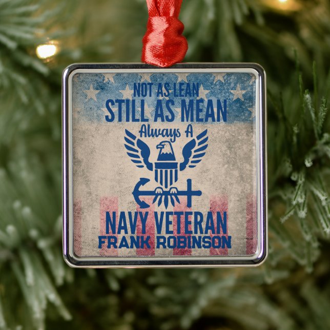 Personalised Navy Veteran Distressed USA Flag Metal Ornament (Tree)