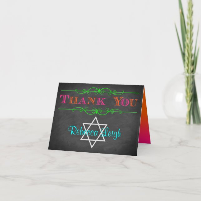 Personalised Neon Bat Mitzvah Thank You Card (Front)