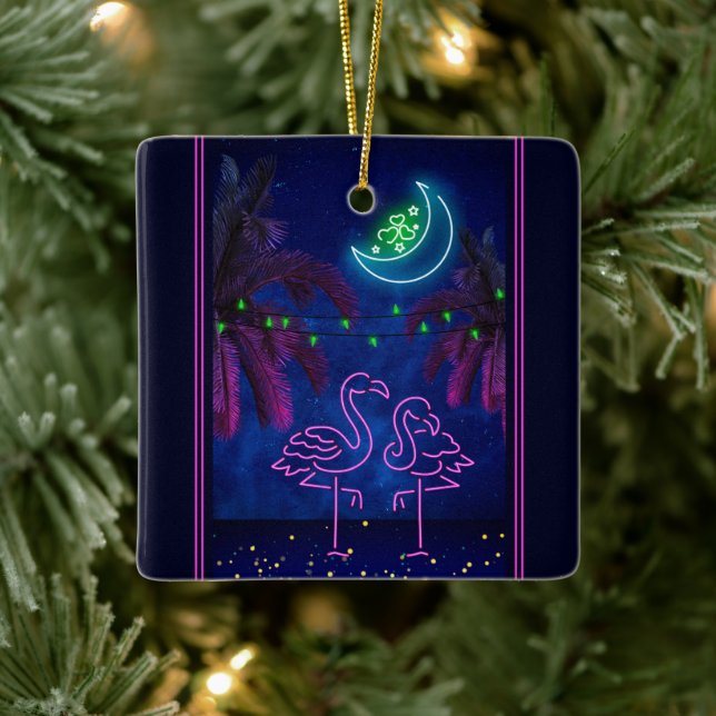 Personalised Neon Flamingo Couple Beach Christmas Ceramic Ornament (Tree)