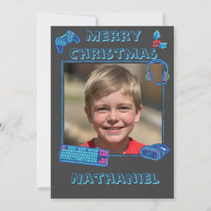 Personalised Neon Gamer Photo Flat Christmas  Holiday Card