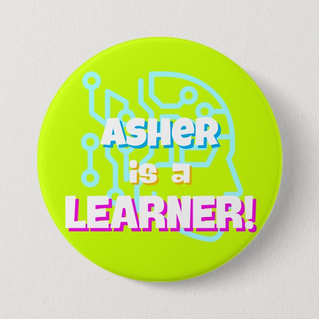 Personalised Neon Green Blue Learning Affirmation 7.5 Cm Round Badge (Front)
