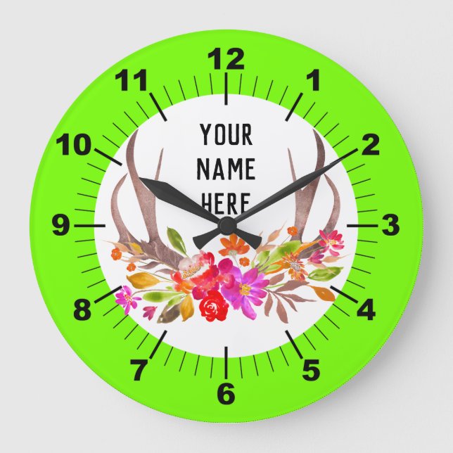 Personalised Neon Green Floral Large Clock (Front)