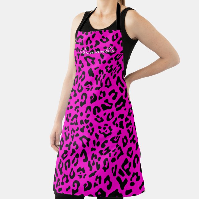 Personalised Neon Hot Pink and Black Leopard Spots Apron (Insitu)