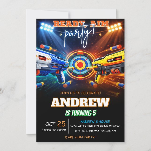 Personalised Neon Nerf Dart Birthday Invitations (Front)