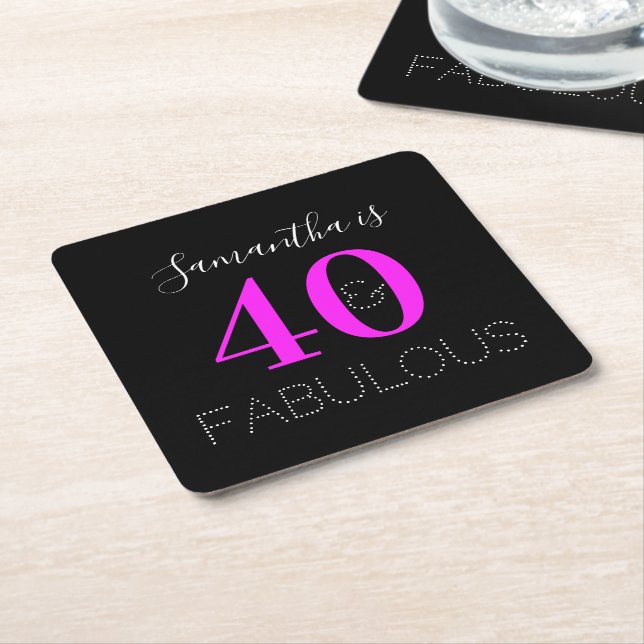Personalised Neon Pink 40th Birthday Party Square Paper Coaster (Angled)
