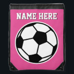 Personalised neon pink girls soccer drawstring bag<br><div class="desc">Personalised neon pink girls soccer drawstring bag. Cute soccer ball backpack with custom name of child. Personalizable with name,  jersey number or monogram. Sports theme accessory for kids. Cute favour for children's Birthday party. Customisable background colour. Make one for team and coach.</div>