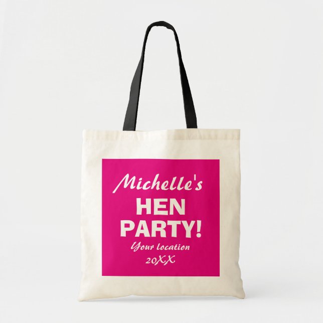 Personalised neon pink hen party night tote bags (Front)