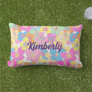 Personalised Neon Retro Floral Pink Lumbar Cushion