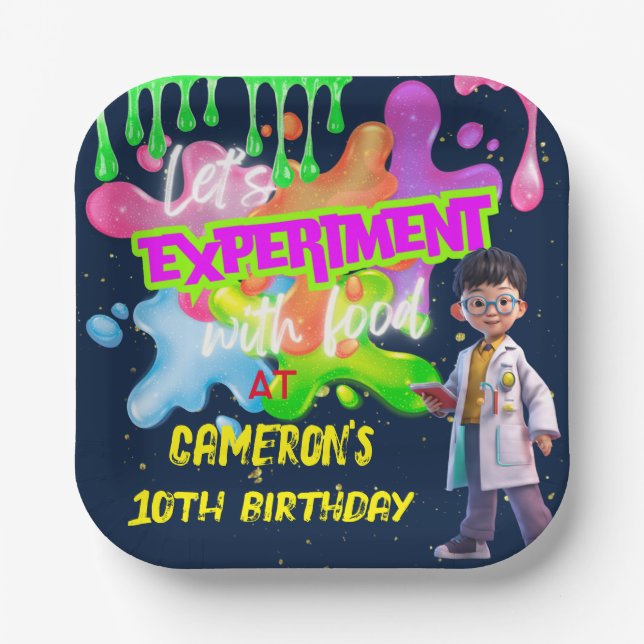 Personalised Neon Science STEM Experiment Square Paper Plate (Front)