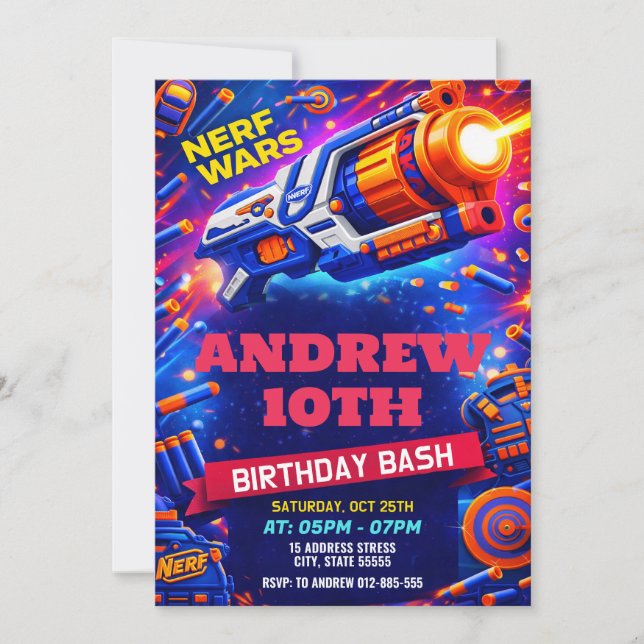 Personalised Nerf Birthday for kids Invitation (Front)