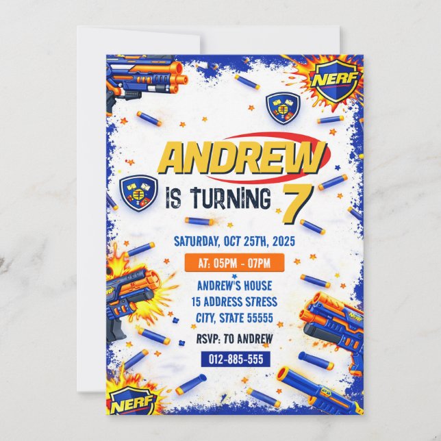 Personalised Nerf War Birthday Party Invitation  (Front)
