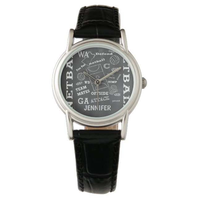 Personalised Netball Chalkboard style Watch (Front)