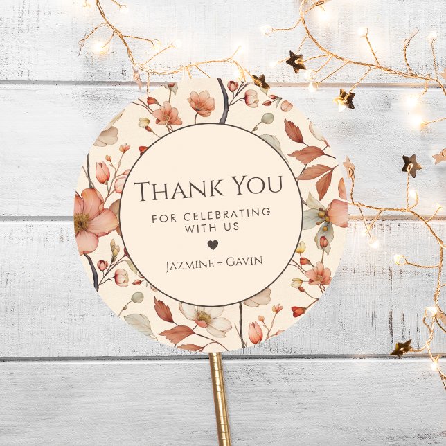 Personalised Neutral Beige Wildflower Thank You Classic Round Sticker (Creator Uploaded)