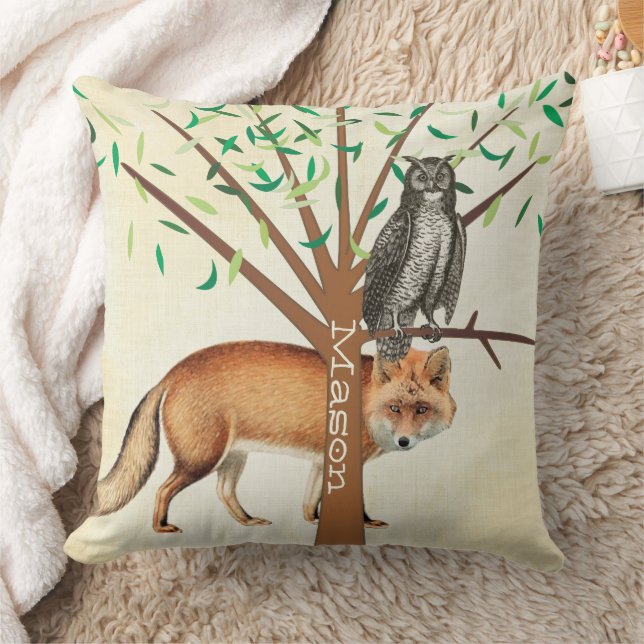Personalised New Baby Boy's Room Cute Fox and Owl Cushion (Blanket)