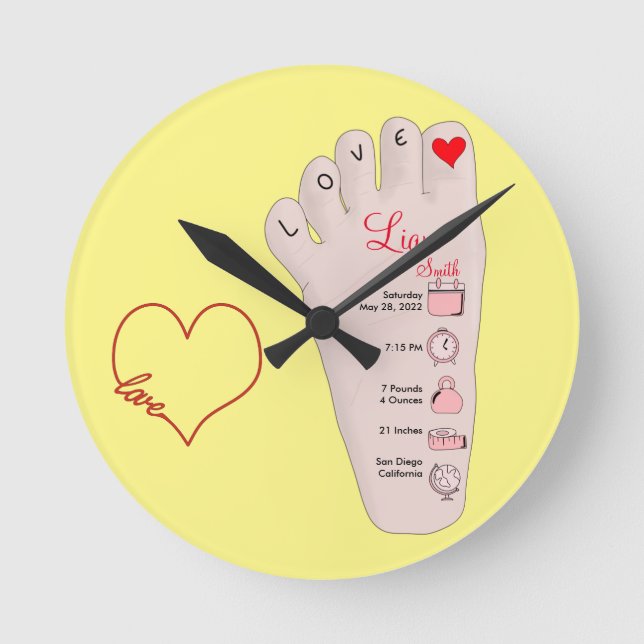 Personalised New Baby Gift Birth Stats Details Round Clock (Front)