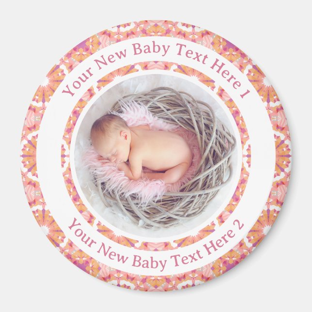 Personalised New Baby Girl Peach Pink Photo Gift Magnet (Front)