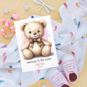 Personalised New Baby Pink Teddy Bear Card