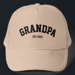 Personalised New Grandpa Est Date Father's Day Trucker Hat<br><div class="desc">This personalised Grandpa "Est. Year" hat is the perfect gift to celebrate a new or seasoned grandparent! Featuring a classic, structured design with bold black lettering in a collegiate style, this cap proudly displays "GRANDPA" alongside a customisable "Est. Year" detail to mark when the grandparenting journey began. The neutral beige...</div>