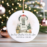 Personalised New Home First Christmas Watercolor Ceramic Ornament<br><div class="desc">Celebrate New Beginnings with this Personalised "Our First Christmas in Our New Home" Ornament with a decorative watercolor front door graphic all decked out for the holidays. The door can be personalised with the year or the house address number. It is customisable with the couple's name in a dark green...</div>