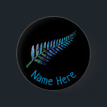 PERSONALISED NEW ZEALAND FERN PAUA 6 CM ROUND BADGE<br><div class="desc">Classic New Zealand fern - in the vibrant colors of the Paua shell.

Name can be changed to suit.</div>