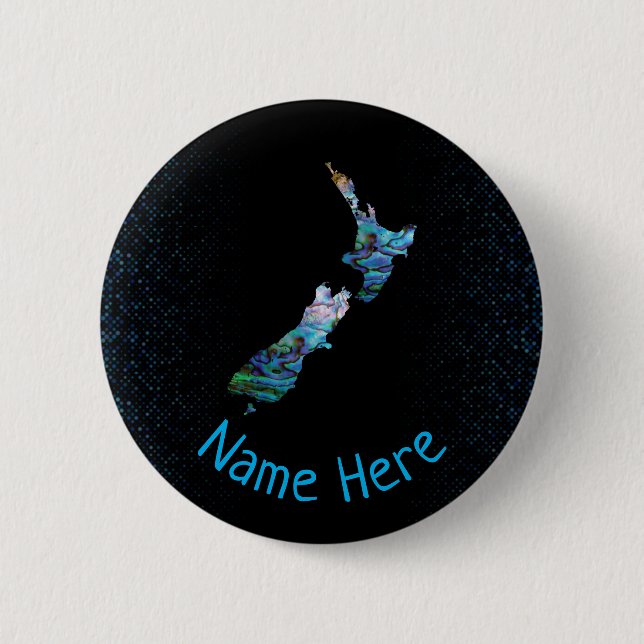 PERSONALISED NEW ZEALAND MAP PAUA 6 CM ROUND BADGE (Front)