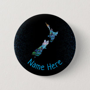 PERSONALISED NEW ZEALAND MAP PAUA 6 CM ROUND BADGE