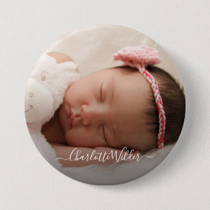 Personalised Newborn Baby Photo Script Name 7.5 Cm Round Badge
