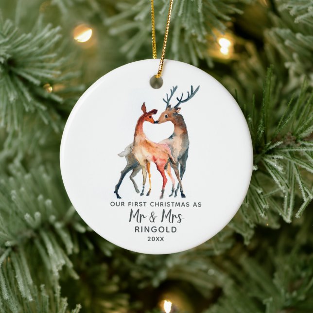 Personalised Newlywed First Christmas Deer Custom Ceramic Ornament (Tree)