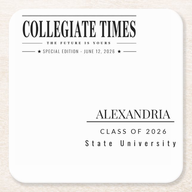 Personalised Newspaper Graduation 2026 Square Paper Coaster (Front)
