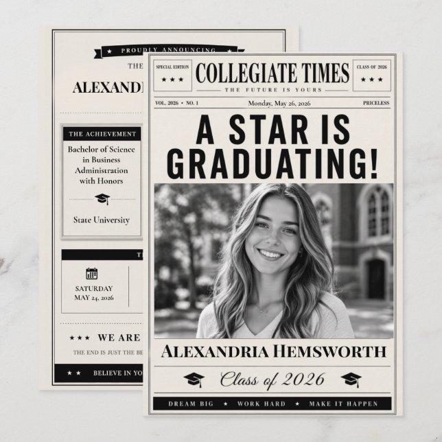 Personalised Newspaper Graduation Announcement (Front/Back)