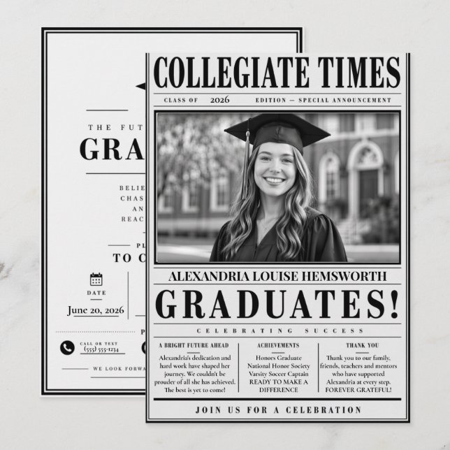 Personalised Newspaper Graduation Invitation 2026 (Front/Back)