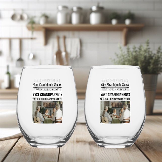 Personalised Newspaper Headline Grandparents Gift Stemless Wine Glass (Creator Uploaded)