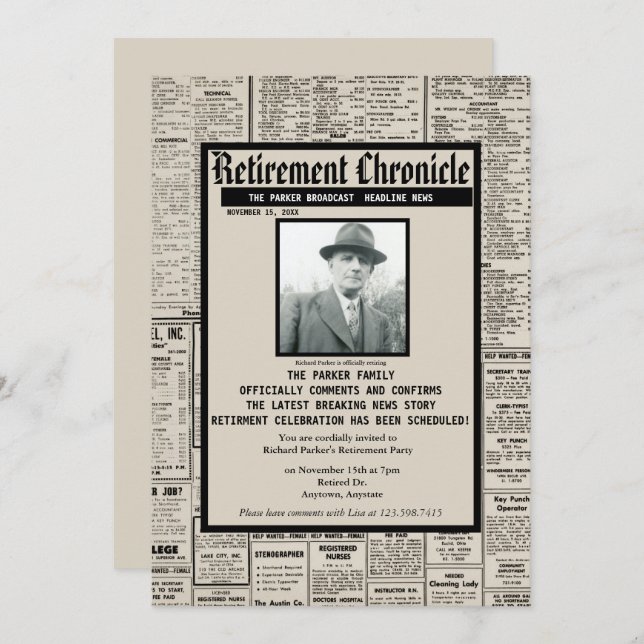 Personalised Newspaper | Retirement Party Invitation (Front/Back)