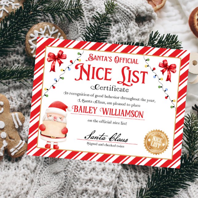 Personalised Nice Certificate From Santa Claus (Nice List Official Santa Claus Certificate )
