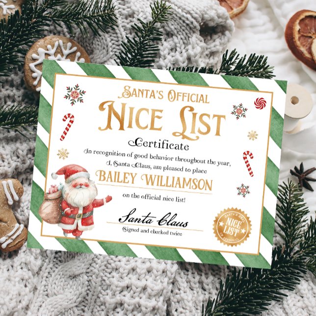 Personalised Nice Certificate From Santa Claus (Nice List Official Santa Claus Certificate )