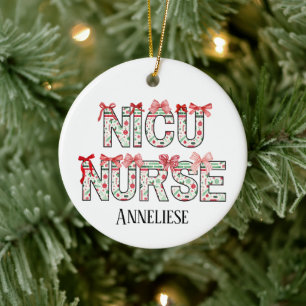 Personalised NICU Nurse Christmas Coquette Bow Ceramic Ornament