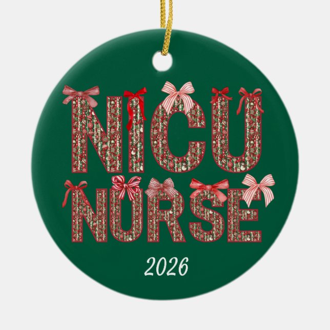 Personalised NICU Nurse Coquette Bow Christmas Ceramic Ornament (Front)