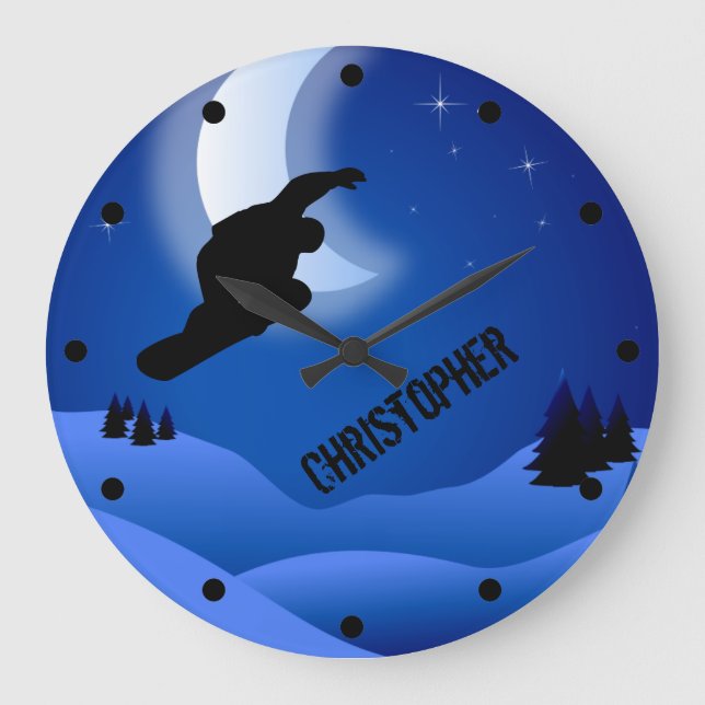Personalised Night Snowboarding Mountain and Moon Large Clock (Front)