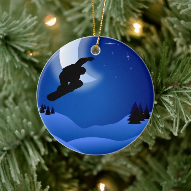 Personalised Night Snowboarding with Moon Mountain Ceramic Ornament (Tree)