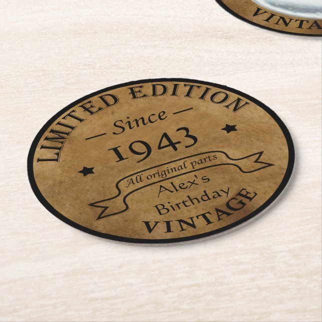 Personalised ninety vintage 90th birthday party round paper coaster (Angled)