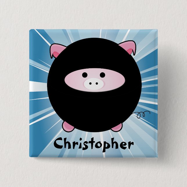 Personalised Ninja Pig on Blue 15 Cm Square Badge (Front)