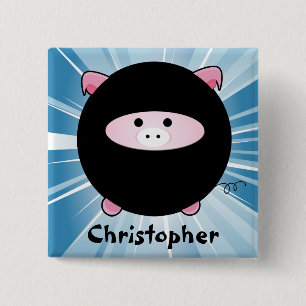 Personalised Ninja Pig on Blue 15 Cm Square Badge