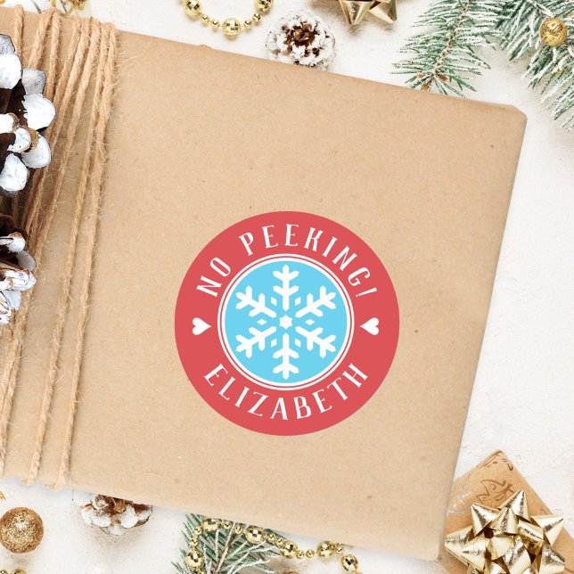 Personalised No Peeking Red Christmas Gift Classic Round Sticker (Creator Uploaded)
