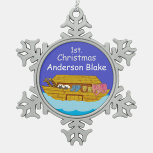 personalised Noah's Ark baby 1st Christmas Snowflake Pewter Christmas Ornament